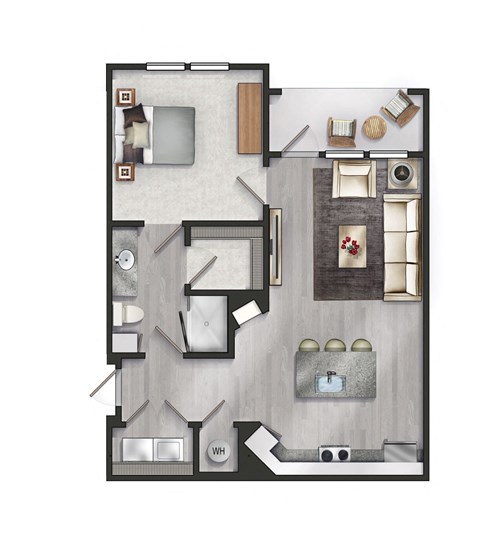 Floor plan for 1 bed, 1 bath, 793 sqft